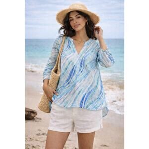 APNY 100% Linen Blue Aqua Beachy Relaxed Fit Tunic High Low Hem Size XL Summer